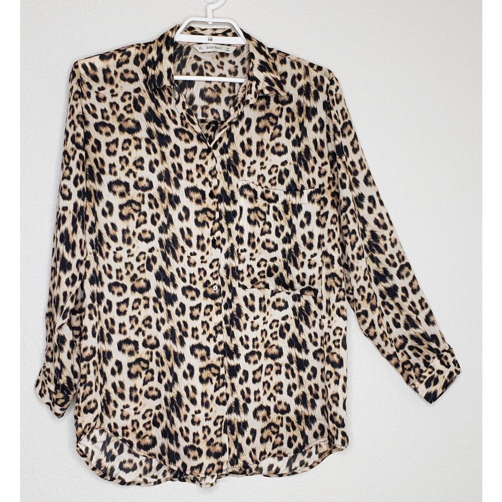 Zara‎ Basic Button Front Tunic Top Women's Size Large Animal Print Long Sleeve